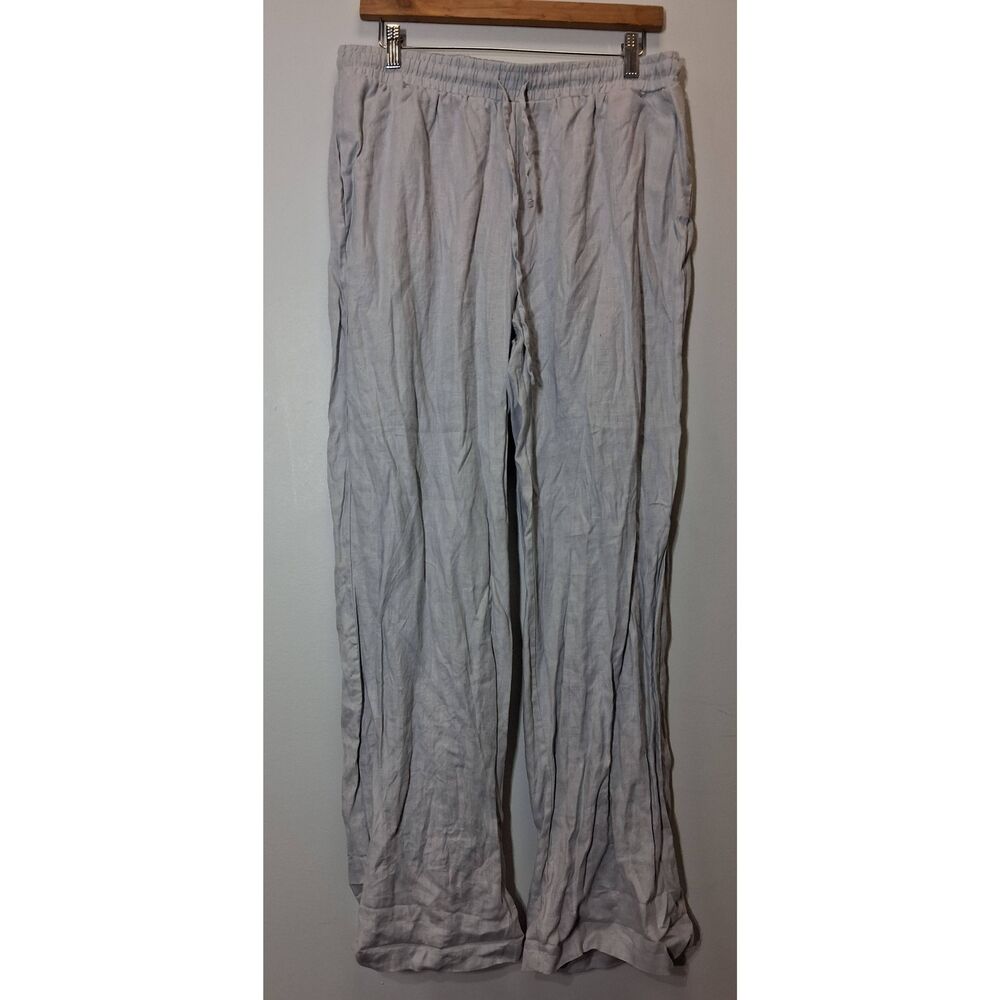 Saks fifth Ave womens large 100% linen pants light gray wide leg long ankle - Picture 2 of 10